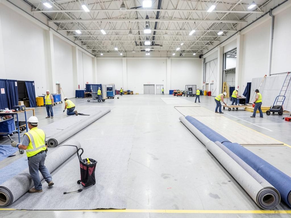 Crew loading equipment into a truck at a convention center dock