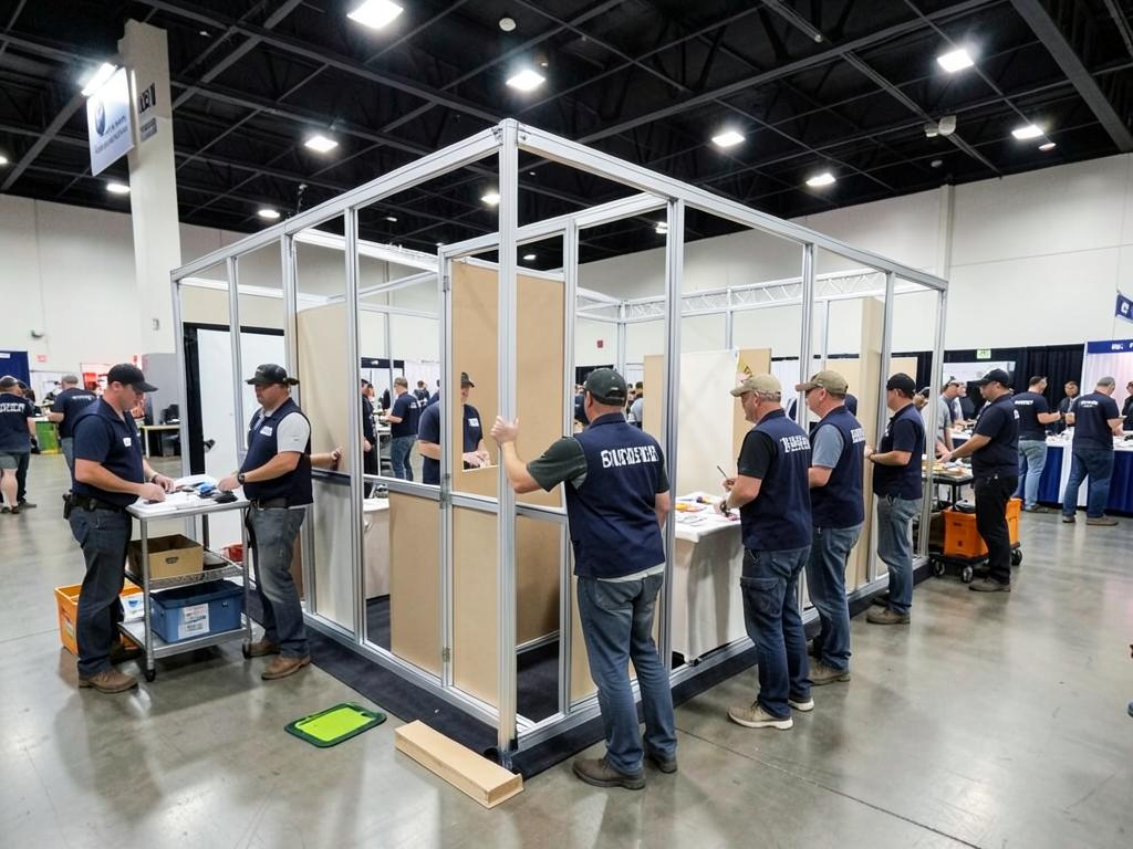 Crew assembling event structures on a convention floor